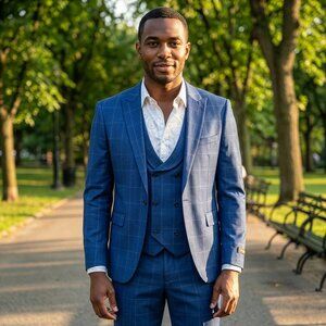 New 2026 Mens 3pc Plaid Blue Suit Set, Skinny Fit